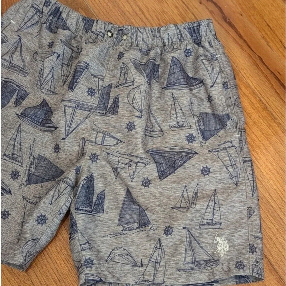 Nautical U.S. Polo Assn Sailboat Swim Trunks Shorts Men's Large‎ Gray Blue Lined